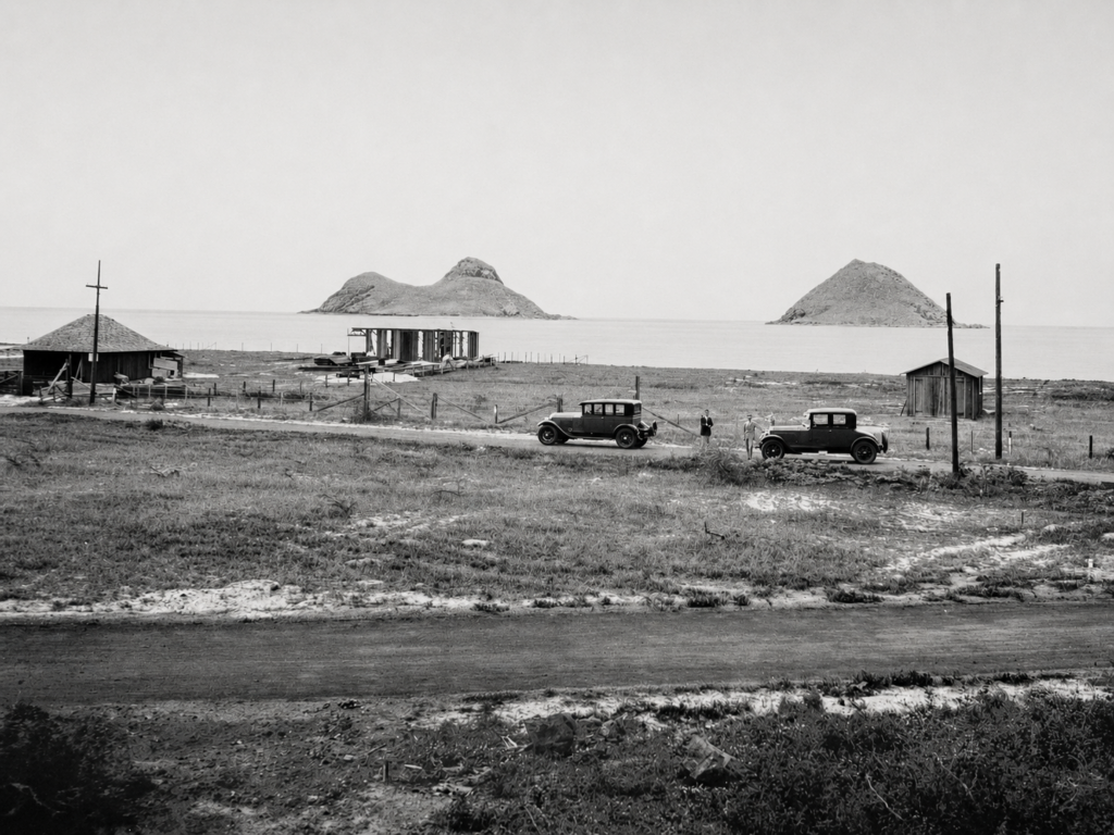 Historic black-and-white photograph of early Lanikai, Oahu, showing the Mokulua Islands, two period automobiles, early structures, open coastal land, and sparse development.