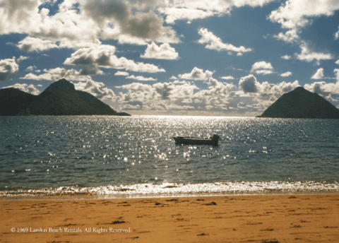 Historic Lanikai Beach shoreline near Lanikai Beach Rentals, with the Mokulua Islands offshore
