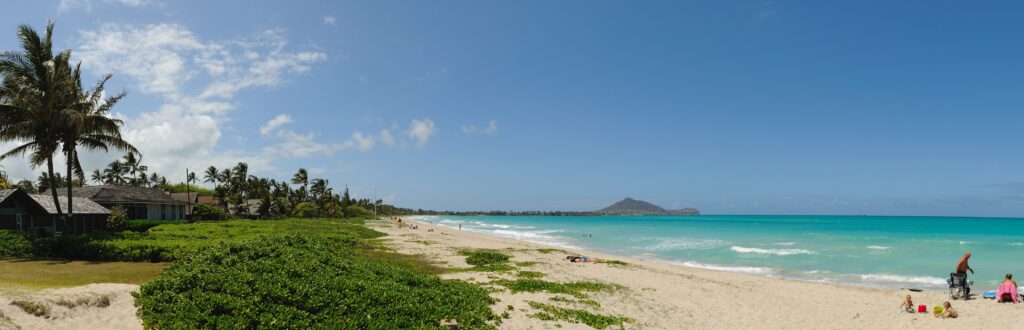 Panoramic view across Kailua Beach and its long sandy shoreline
