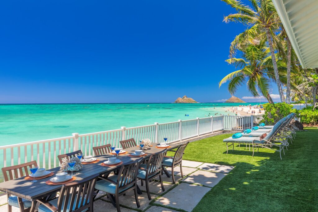 Walker’s Lanikai Beach House beachfront overlooking Lanikai Beach and the Mokulua Islands on Oʻahu