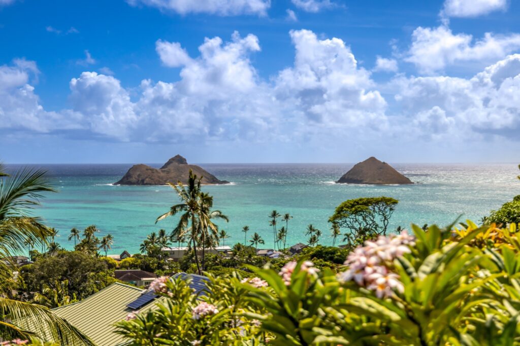 Mokulua Islands over plumeria and palms at Koohoo Place