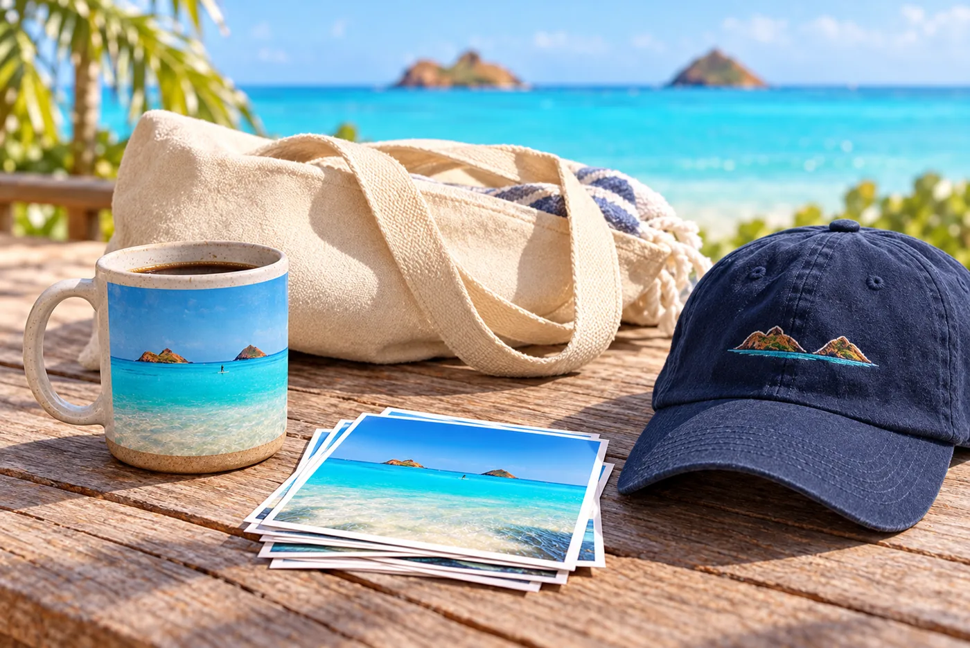 Mokulua mug, photo postcards, canvas tote and navy cap on a lanai table overlooking the Mokulua Islands